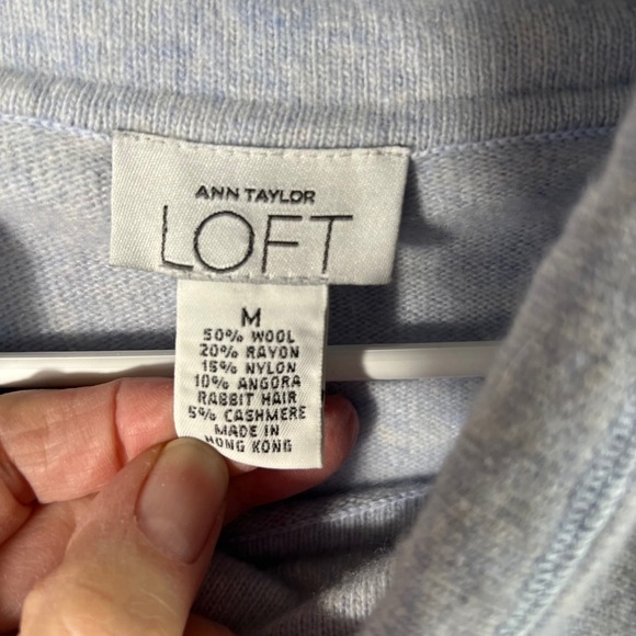 Ann Taylor Loft Tie Mock Neck Wool Cashmere Angora Sweater M Light Blue Pockets - Picture 6 of 7
